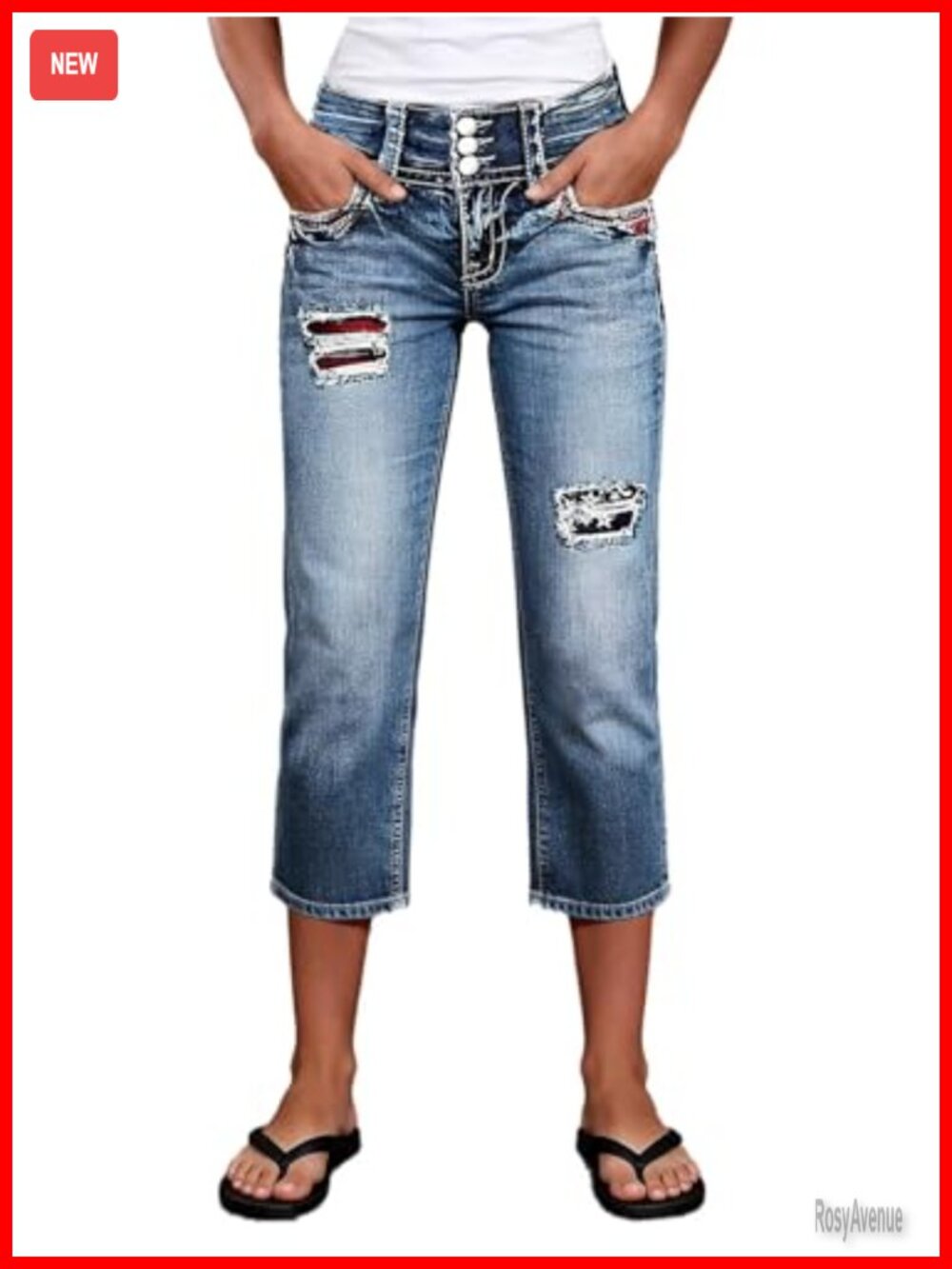 Straight Leg High Rise Capri Star Embroidered Ripped Jeans